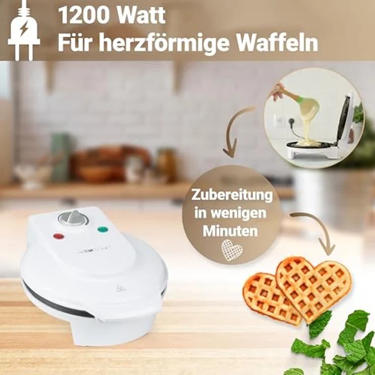 Clatronic WA 3491 Waffelautomat, 1200 Watt, Stufenlos regelbarer Bräunungsgrad, Große Backflächen Ø 18 cm antihaftbeschichtet, Weiß – Bild 3