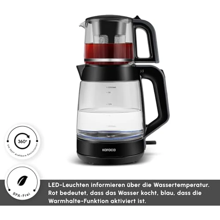 Karaca Glass Tea XL 2 in 1 Glas-Teemaschine & Wasserkocher Shiny Black, 0,9L Teekapazität, 2,2L Wasserkapazität, energieeffizient, automatische Warmhaltefunktion, LED-Anzeige – Bild 4