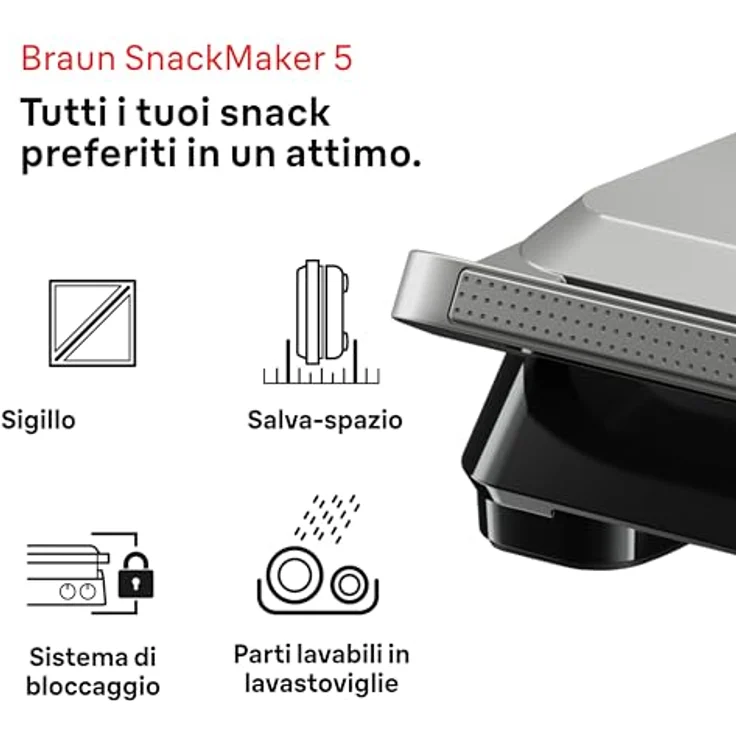 Braun SnackMaker 5 SM5005, Toaster mit Sandwichplatten und Waffeln, Waffelhersteller mit Druckgussplatten, abnehmbaren Platten und Auffangschale für Spülmaschine, 800 W, Silber – Bild 2
