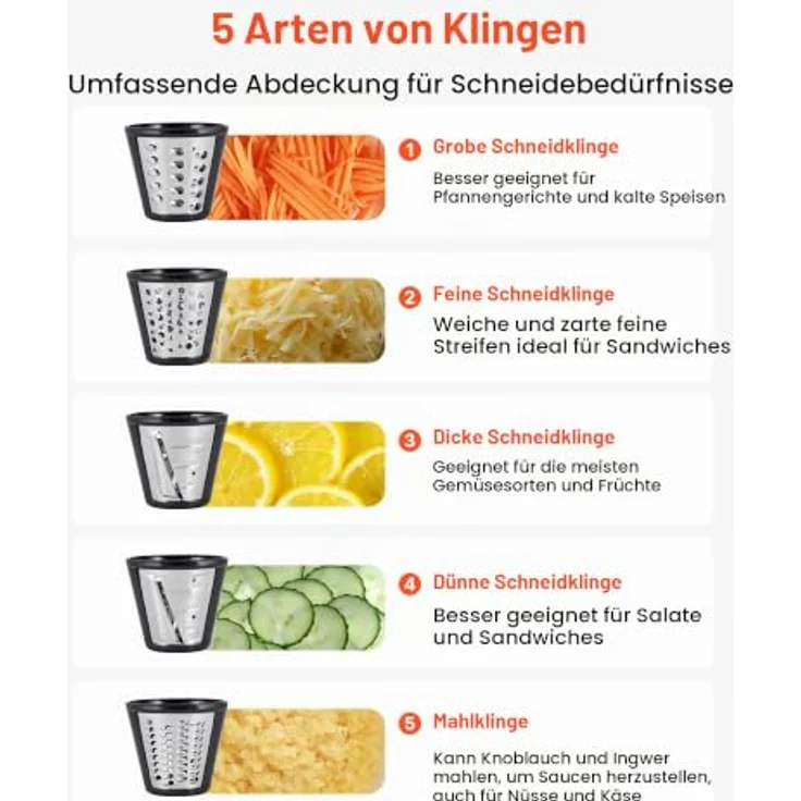 VEVOR Elektrische Käsereibe, 200 W Gemüsehobel mit 5 Edelstahlklingen, breiter Einfüllschacht, leicht zu reinigen, für schnelles Schneiden von Gemüse und Käse – Bild 3