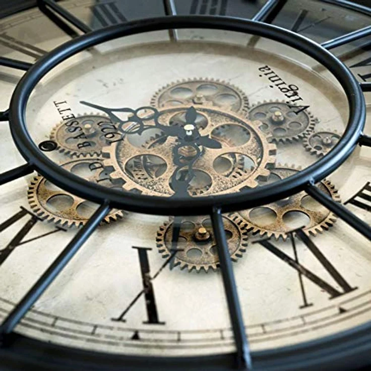K&L Wall Art Alenio Große Vintage Metall Glas Wanduhr in XXL mit bewegenden Zahnrädern Römische Ziffern Zahnrad Wanduhr Wohnzimmer Wand Uhr Deko Schwarz Gold Ø46 cm Gross – Bild 5