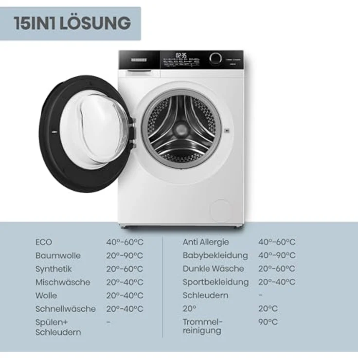 HEINRICHS Waschmaschine HWM-10K, Steam-Funktion, 10kg Mega Kapazität, 15 Programme, 1400 U/min., Aqua-Stop, LED-Display, Endzeitvorwahl, mit Kindersicherung, Inverter Motor, Weiß – Bild 5