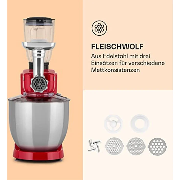 Klarstein Renata Rossa Küchenmaschine 3-in-1 2000 W / 2,7 PS 5 Ltr Edelstahl BPA-frei – Bild 4