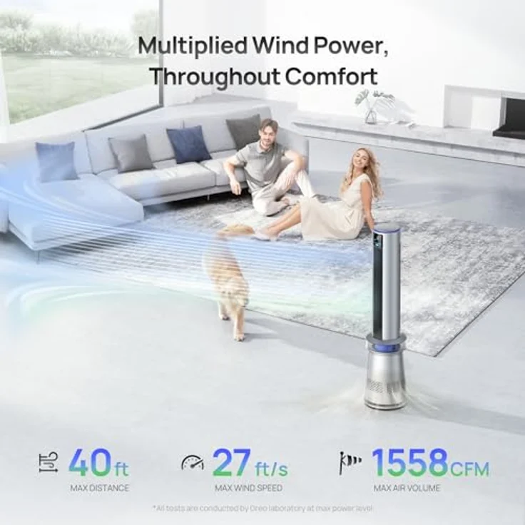 Dreo Turmventilator MC710S, Luftreiniger, intelligenter 2-in-1-Ventilator, 114 cm (45 Zoll), Geschwindigkeit 8 m/s, Oszillation 120°, 24-Stunden-Timer, Lüfter ohne Flügel – Bild 4