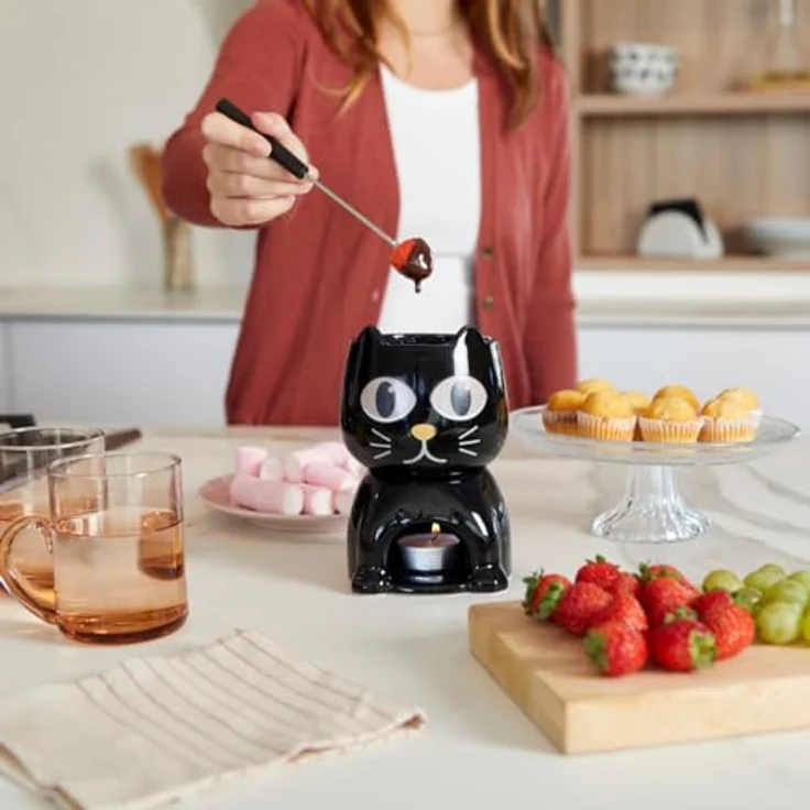 Balvi Schokoladenfondue-Set WAKE CAT, Fondue Set in Schwarz mit originellem Katzendesign, inklusive 4 Gabeln und Teelicht, Keramik, Maße: 10,5 x 10,5 x 16 cm – Bild 5