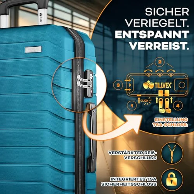 tillvex® Reisekoffer Set 4-TLG. Hartschalenkoffer S-M-L-XL in Türkis mit TSA Schloss, 4 Rollen, Gepäckwaage, 8 Koffergurten & 4 Kofferanhängern – Bild 4