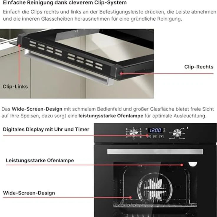 KB ELEMENTS Gas Herdset, 60cm Einbaubackofen mit 5-flammigem Gaskochfeld, Timer, Kindersicherung, Grill, Heißluft und AQUA CLEAN – Bild 4