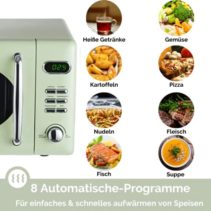 PKM WOLKENSTEIN Mikrowelle WMW720, Retro, Standgerät, 700 Watt, grün, 20 Liter Garraum, 8 Automatik-Programme, Drehteller, 60 Min Timer, Kindersicherung – Bild 4