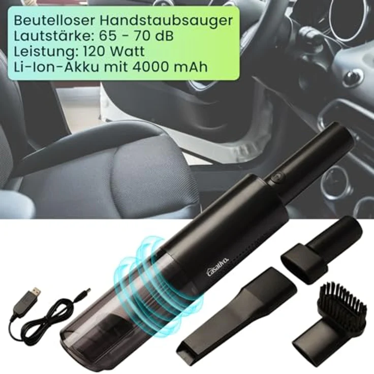 Casativo Akku-Handstaubsauger Profi, 6000 Pa Saugkraft, 120 W, HEPA-Filter, beutellos, 20 min Laufzeit, 2 Aufsätze, USB-Ladekabel – Bild 3