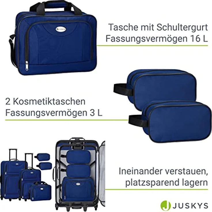 Juskys Trolley Reisekoffer Set 5 teilig - 60 Liter, 2 Rollen, Weichschale, wasserabweisend Stoff, leicht, Handgepäck - Koffer in Blau – Bild 5