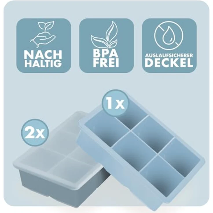 Blumtal Eiswürfelformen Silikon 3er Set, 6er Eiswürfelform mit Deckel, BPA-frei, lebensmittelecht, Graublau + Graublau + Hellblau – Bild 2