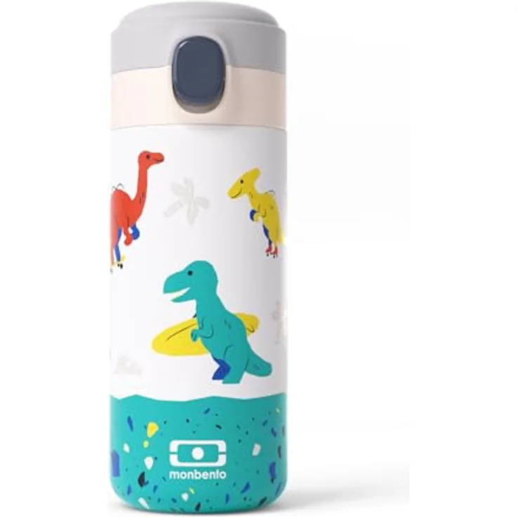 MONBENTO Thermoflasche Kinder Pop blau Dino, 360 ml Edelstahl Isolierflasche für warme und kalte Getränke, bis zu 12 Std. Temperaturhaltung, BPA-frei, ideal für Schule