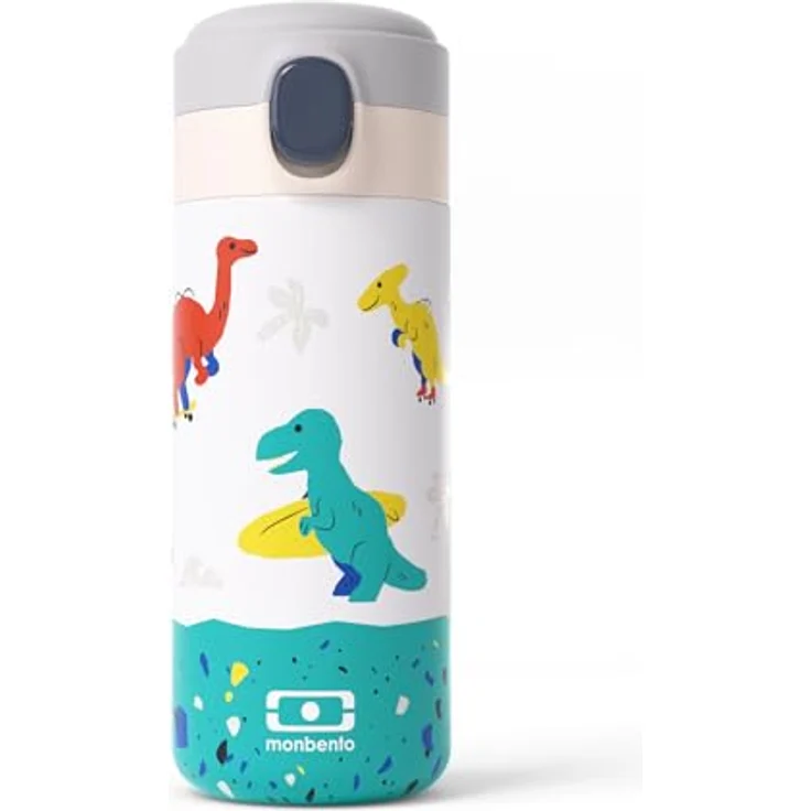 MONBENTO Thermoflasche Kinder Pop blau Dino, 360 ml Edelstahl Isolierflasche für warme und kalte Getränke, bis zu 12 Std. Temperaturhaltung, BPA-frei, ideal für Schule – Bild 1