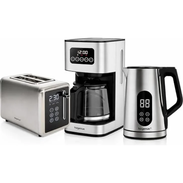Hagenuk Digitales Frühstücksset Edelstahl, Toaster mit LED-Display, Kaffeemaschine (1,5 L) & Wasserkocher (1,7 L) mit Touch-Bedienung – Bild 1