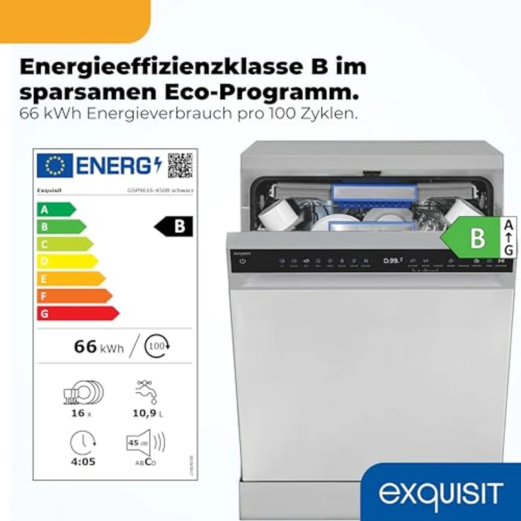 Exquisit GSP9616-450B, Stand-/Unterbau-Geschirrspüler mit 16 Maßgedecken, Energieklasse B, 45 dB, 8 Programme, Besteckschublade, Halbe Beladung, inox – Bild 2