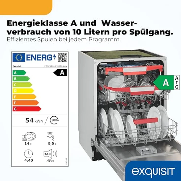 Exquisit EGSP9614-E-030A, vollintegrierbarer Geschirrspüler mit 14 Maßgedecken, 8 Programmen, Extra Hygiene, 42 dB, Energieklasse A, Inox – Bild 2
