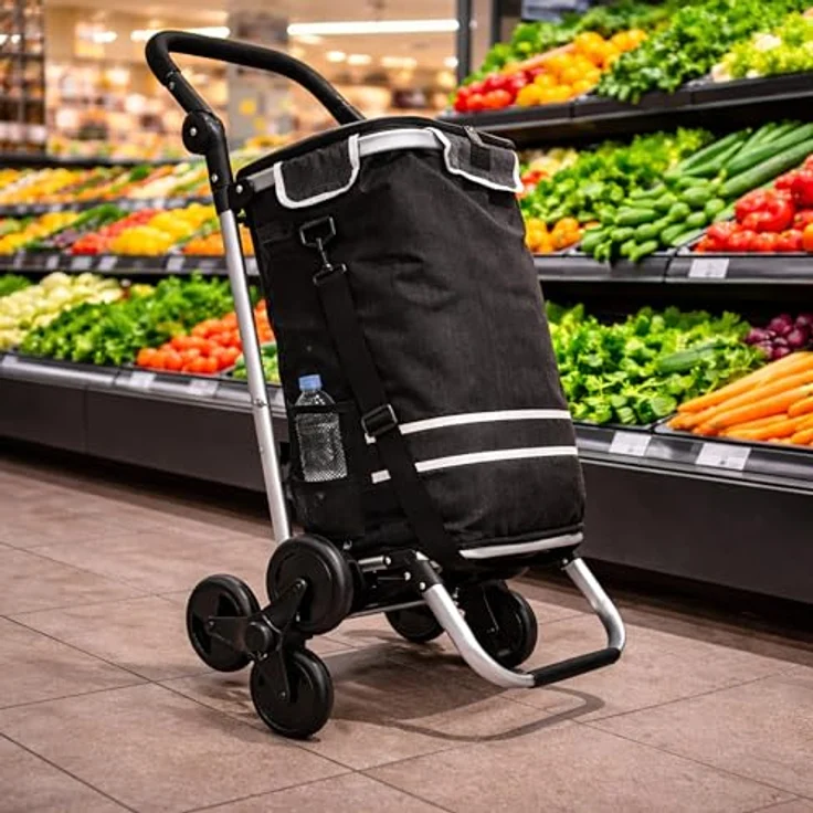Quick Star Einkaufstrolley Faltbar, Aluminium, 58 l, 50 kg Traglast, schwarz, mit Kühlfach und Treppensteiger-Rollen – Bild 9
