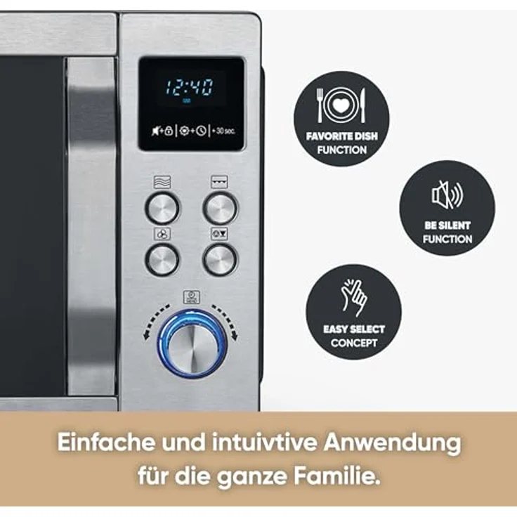 Severin MW 7774 Mikrowelle, 25 Liter Garraum, 900 Watt, mit Grill, Heißluft, Auftauprogramm, Display, silber – Bild 3