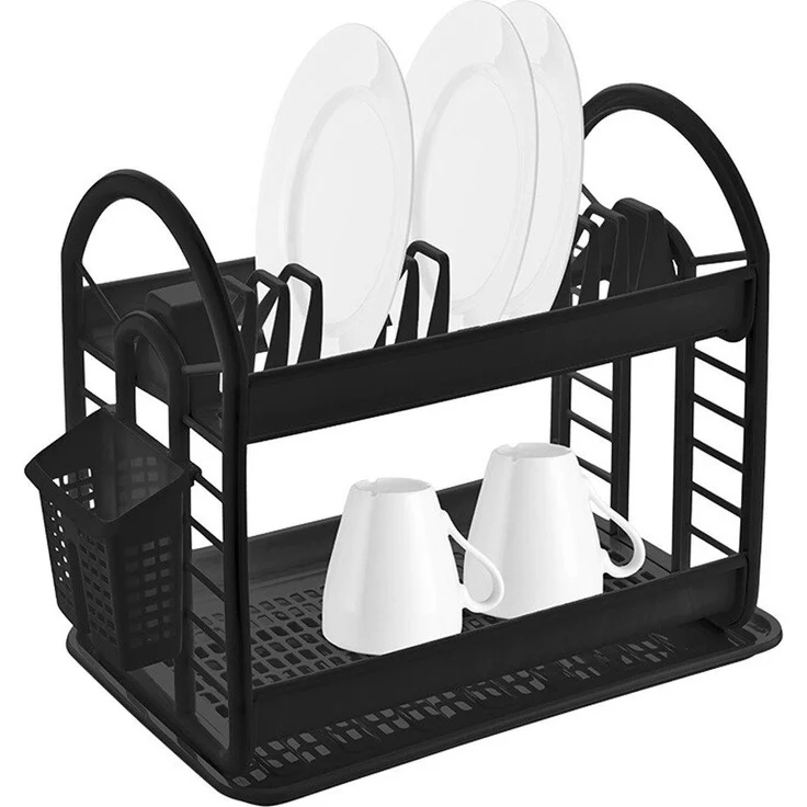 Michelino Geschirrständer, Abtropfgestell mit Tropfschale, schwarz, 46 x 37 x 9 cm, für bis zu 12 Teller, inklusive Untersetzer und rutschfestem Design