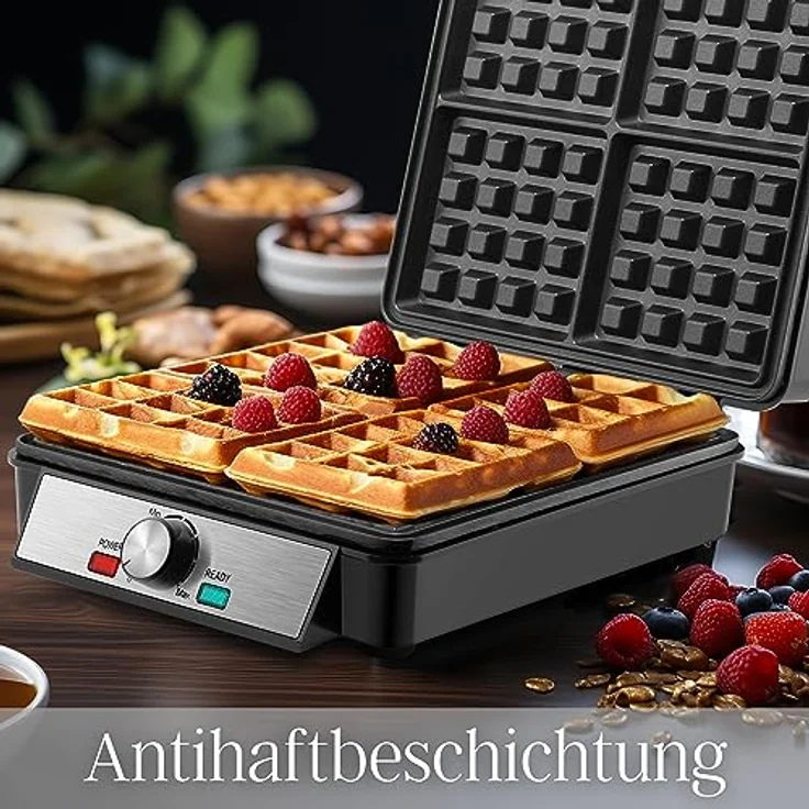 Steinborg XXL 4er Waffeleisen | 1200 Watt | Cool-Touch-Technologie | Antihaftbeschichtung | Rutschbeständige Füße | Horizontale oder vertikale Lagerung | Waffelautomat | Paninigrill | Waffeltoaster | Waffle Maker | Elektrogrill | Waffelform | Rot – Bild 5