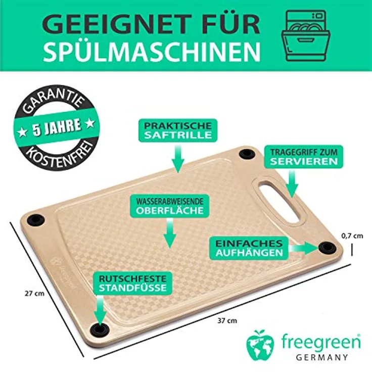 freegreen® Premium Schneidebrett aus Reishülsen I Inklusive Kochbuch 'Das Clean Eating Kochbuch' I [37x27]