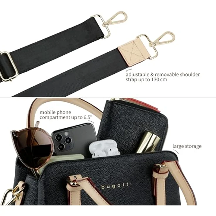 Bugatti Handtasche ELLA, Beige, dreigeteiltes Hauptfach, abnehmbarer Schultergurt, 1 Innensteckfach, 1 Reißverschlussfach – Bild 5