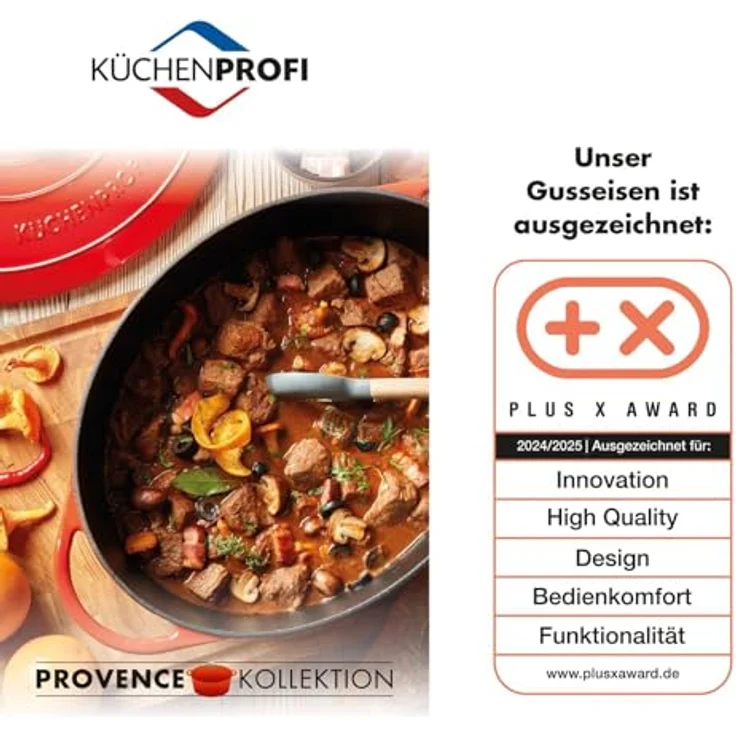 Küchenprofi Gusseisen Bräter mit Deckel, rot/innen schwarz , 26 cm, Schmortopf, Auflaufform, Dutch Oven, Brotbacktopf, emailliert, für alle Herdarten(inkl. Induktion), zum Schmoren, Backen, Braten – Bild 5
