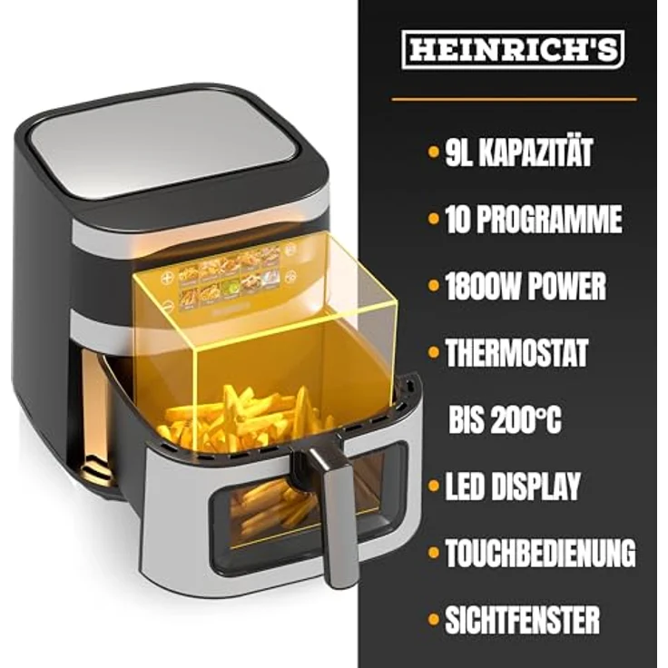 Heinrich´s Heißluftfritteuse XXL, 9 Liter, 10in1 Air Fryer, LED-Display mit Sensor-Touch, 1800W, fettfreie Zubereitung, spülmaschinenfester Korb, Timer – Bild 4