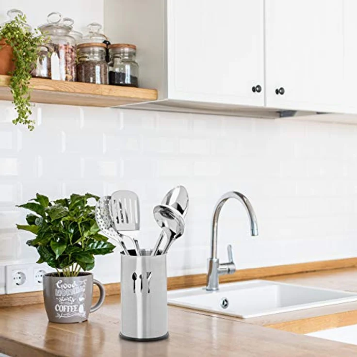 Relaxdays Küchenhelfer Set Edelstahl, 5 Teile, Besteckhalter, 4 Küchenutensilien, Kochzubehör, Kochgeschirr, silber – Bild 2