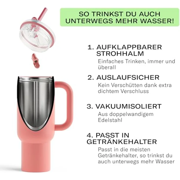 waterdrop® Thermobecher 1,1L mit Strohhalm – Auslaufsichere Edelstahlflasche, doppelwandige Vakuumisolierung, hält 12h kalt, klappbares Mundstück – Bild 3