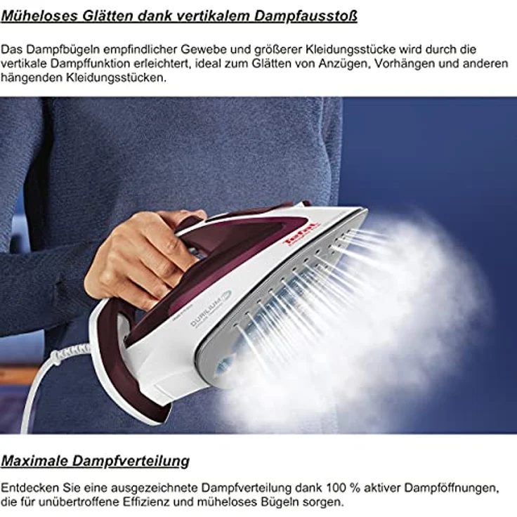 Tefal Easygliss Plus Bügeleisen Dampfbügeleisen mit starken 190g Dampfstoß, Testsieger 2019 - beste Bügelsohle, Durilium AirGlide Sohle mit drei Dampfzonen, 2400 W, Selbstreinigungsfunktion, Antikalk – Bild 4