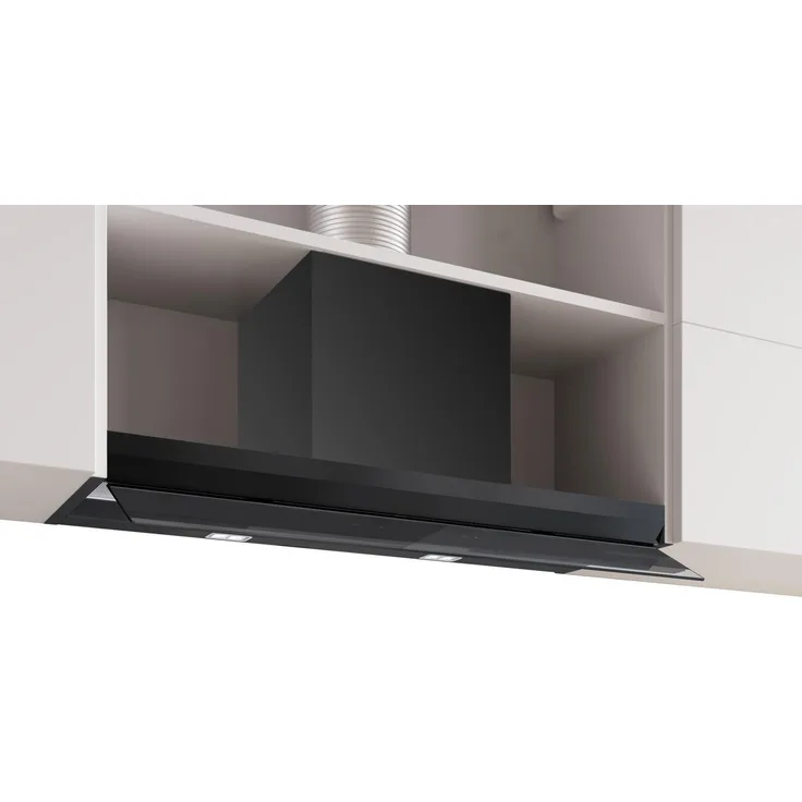 Bosch Serie 6 DBB97DP60, Integrierte Designhaube 90 cm, Klarglas schwarz bedruckt, Mattschwarz, Abluft- und Umluftbetrieb, Silence Drive, Home Connect, dimmbare LED-Beleuchtung