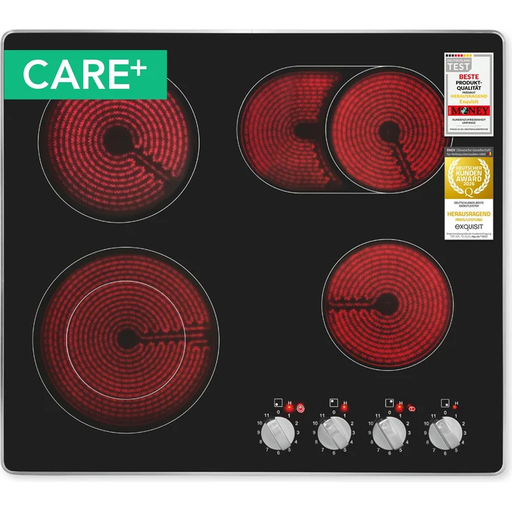 Exquisit Glaskeramik Kochfeld EKC600-RKBZ-420Care, 4 Kochstellen mit 7200 W Gesamtleistung, Sicherheitsabschaltung, Schwarz