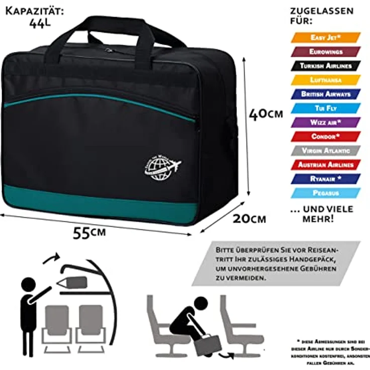 BAMBINIWELT Reisetasche HANDGEPÄCK Boardgepäck Bordcase 40x20x25 40x30x20 Ryanair Wizzair, Reisetasche, Weekender (groß (40x30x20), schwarz-hellgrün) – Bild 5