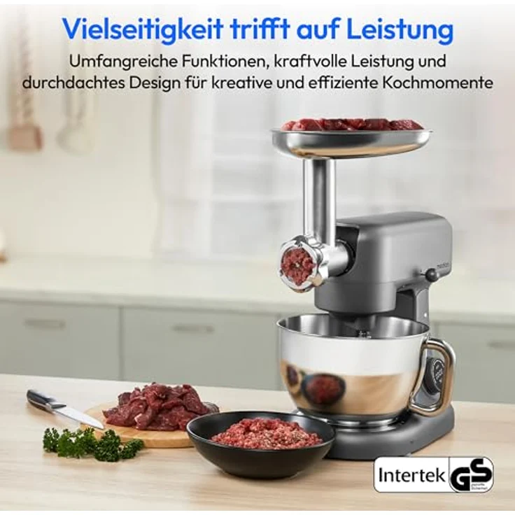 MEDION Küchenmaschine mit Fleischwolf (800 Watt, 4,6 Liter Edelstahlschüssel, Sensor-Touch-Display) Titan – Bild 2