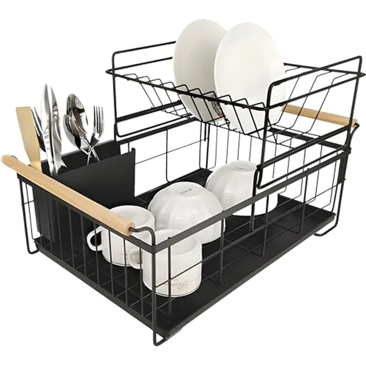 Retoo Abtropfgestell Einlagige Geschirr Abtropfständer, Geschirrabtropfer Drip, Tropfschale, Geschirrabtropfgestell, Besteckhalte, Besteckständer mit Herausnehmbarem Tablett, 49x29,2x18,3cm