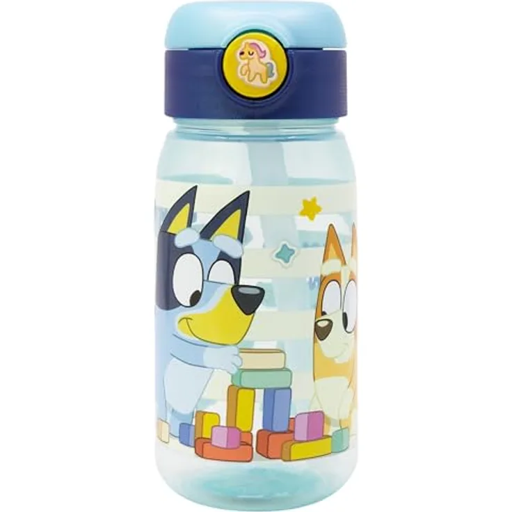 Storline Bluey Trinkflasche, 510ml Wasserflasche mit Trinkhalm und sicherem Druckverschluss, bunt