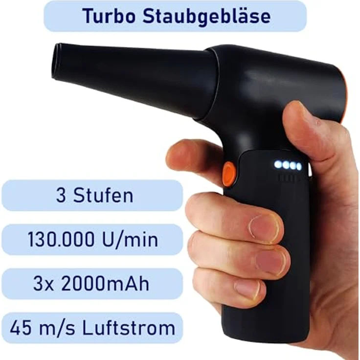 @tec Mini Turbo Akku Staubgebläse, kabellos mit 130.000 U/min, 6000mAh, Schwarz/Orange – Bild 3
