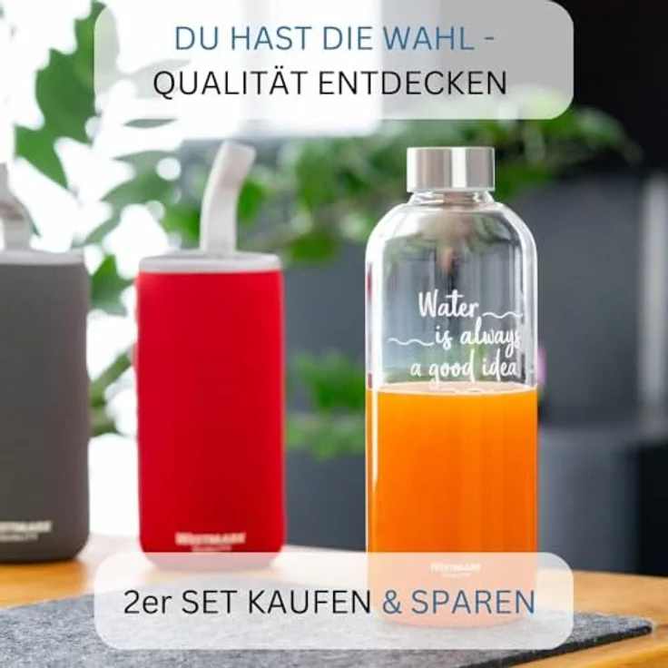 Westmark Trinkflasche, aus Glas mit Aufdruck, inkl. Schutzhülle, 550 ml, Glas-Silikon-Kautschuk, BPA-frei, Viva, Rot-Silber-Klar, 5272226R – Bild 8