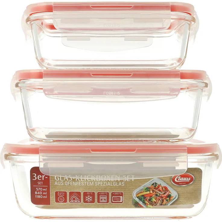 Clauss Glas-Klickboxen 3er-Set BPA-frei Frischhaltedose Mikrowelle Einfrieren Backofen