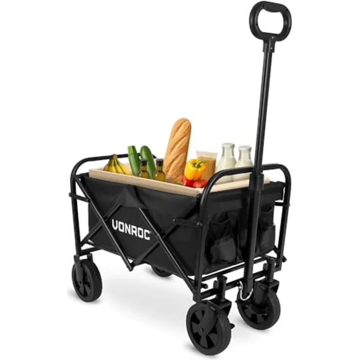 VONROC Faltbarer Bollerwagen für Garten und Strand, 60 kg Tragkraft, 50 l Fassungsvermögen, pannensichere Räder, schwarz