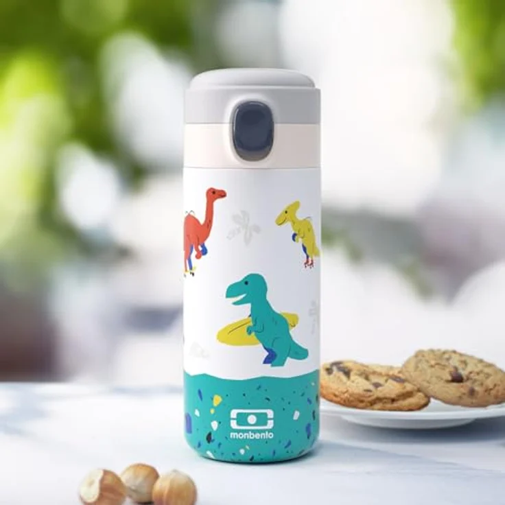 MONBENTO Thermoflasche Kinder Pop blau Dino, 360 ml Edelstahl Isolierflasche für warme und kalte Getränke, bis zu 12 Std. Temperaturhaltung, BPA-frei, ideal für Schule – Bild 4