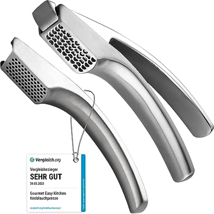 Knoblauchpresse Edelstahl Set mit 2 Aufsätzen | Knoblauch Presse für Knoblauchpaste & Stücke | Garlic Press für Knoblauch & Ingwer (kein Schälen notwendig) | Spülmaschinenfest 5 Jahren Garantie – Bild 1