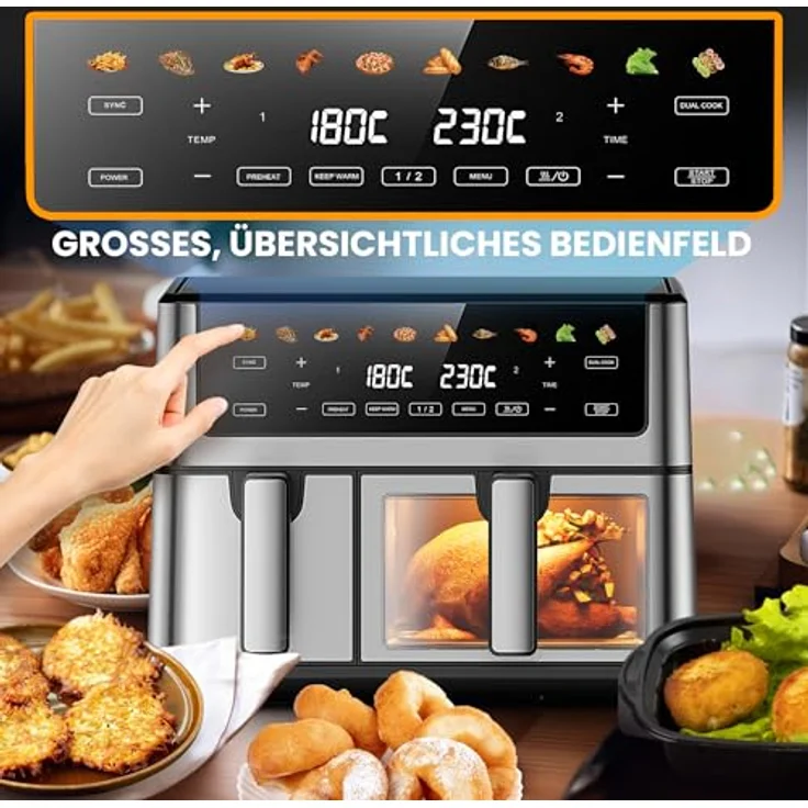 Extralink 2500W Airfryer 10L (6.5L + 3.5L), Heißluftfritteuse Doppelkammer mit 8 Kochfunktionen, LED-Touchscreen, 80°C bis 200°C, 90% weniger Fett – Bild 6