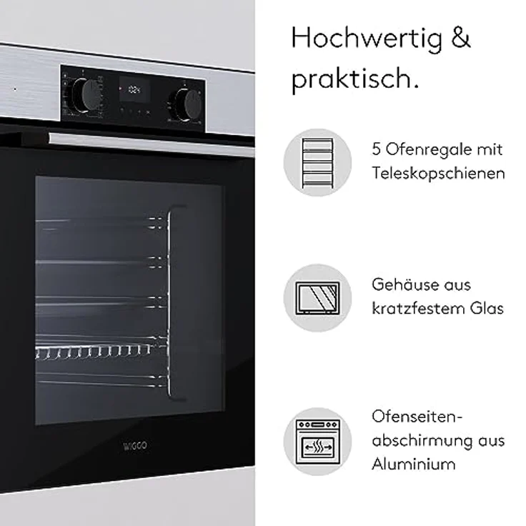 **Wiggo WO-BFA610 Einbau-Backofen inox 60 cm 73 l Airfryer Ober- & Unterhitze Heißluft Grillen Auftauen 4 Bleche Konfektion** – Bild 4