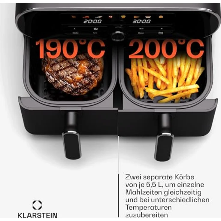Klarstein AuraAir Color Touch Dual Heißluftfritteuse – 11L Dual-Kammer Airfryer, 1700 W, 8 Programme, Touchscreen, 75% Weniger Fett, Antihaft, Überhitzungsschutz, Schwarz/Silber – Bild 3