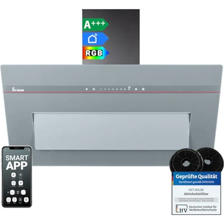 KKT KOLBE PLOOM9005G Dunstabzugshaube 90 cm, A+++ Energieeffizienz, 782 cbm/h, Umluft/Abluft, smart WiFi, SensorTouch, RGBW LED-Beleuchtung, Glas matt grau, Kopffrei – Bild 1