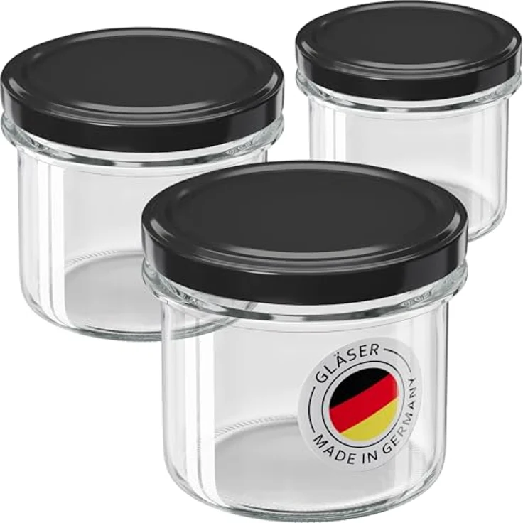 WELLGRO 200x Einmachgläser 235ml, Schraubdeckel TO82 schwarz, vielseitige Aufbewahrungsgläser für Marmelade und Vorräte, Made in Germany