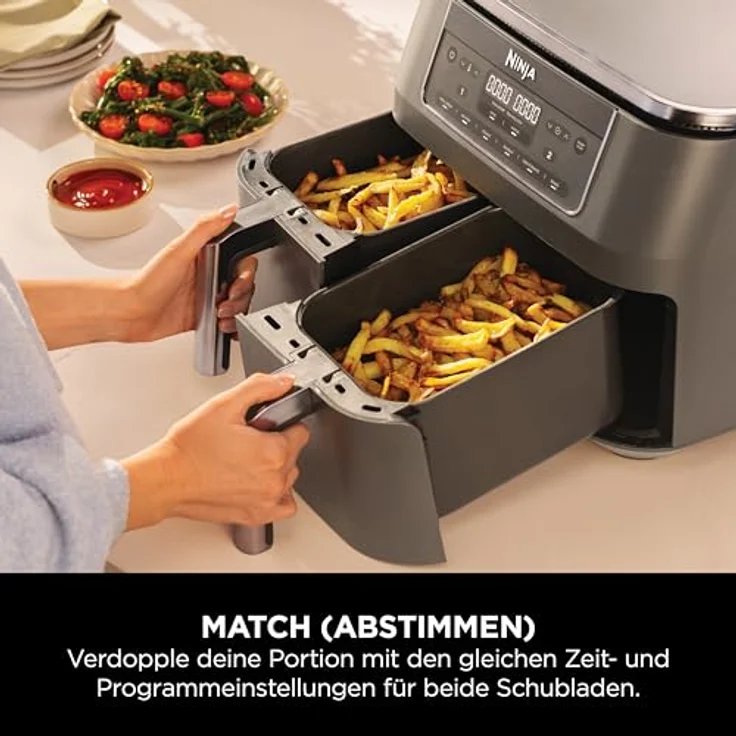 Ninja Dual Zone Digital Air Fryer DZ300EU, 7,6L Heißluftfritteuse mit 2 Schubladen, 6-in-1, ohne Öl, Metallic Grau – Bild 4