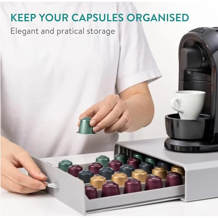 Navaris Kapselhalter kompatibel mit Nespresso Kapseln - Aufbewahrung für 50 Kaffeekapseln - Grau, mit edlen Metallgriffen – Bild 3